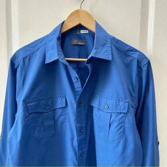 Bruno Mens Button Down Shirt Long Sleeves Roll Up Tabs Casual Blue Size Medium - Picture 4 of 15